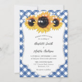 Blue Gingham Rustic Sunflower Wedding Einladung (Vorderseite)