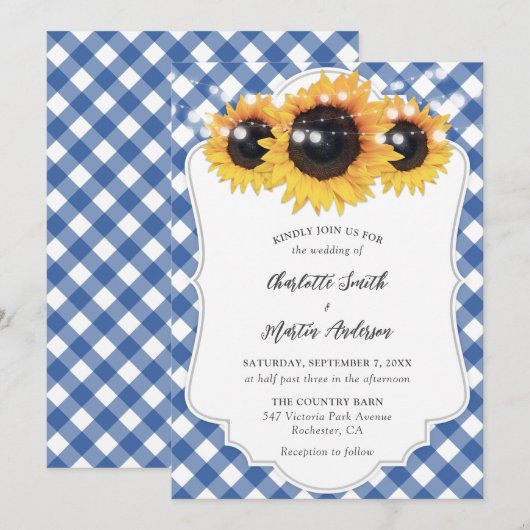 Blue Gingham Rustic Sunflower Wedding Einladung (Vorne/Hinten)