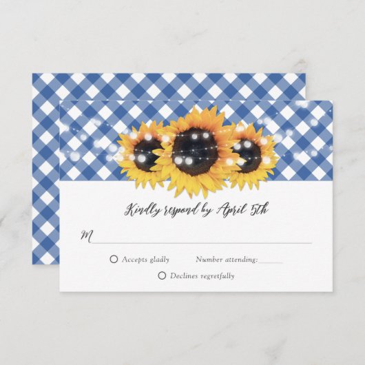 Blue Gingham Rustic Sunflower Wedding RSVP Karte (Vorne/Hinten)