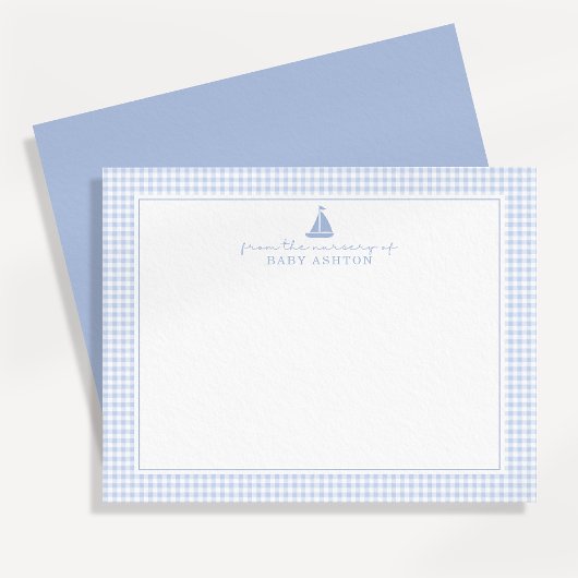 Blue Gingham Sailboat Nursery Note Card Ankündigung