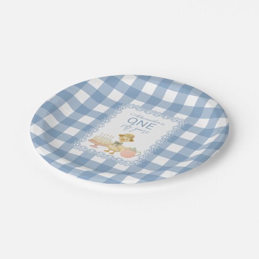 Blue Gingham Silly Goose 1st Birthday Pappteller (Schrägansicht)