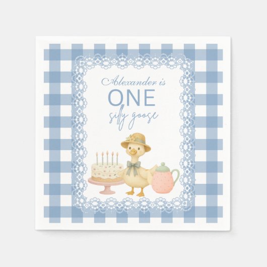  Blue Gingham Silly Goose 1st Birthday Serviette (Vorderseite)