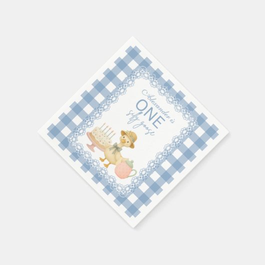  Blue Gingham Silly Goose 1st Birthday Serviette (Ecke)