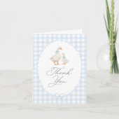 Blue Gingham Silly Goose Baby Shower Dankeskarte (Vorderseite)