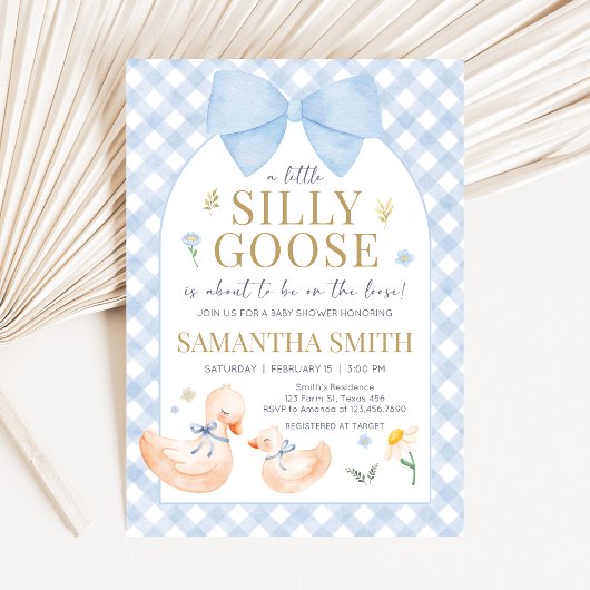 Blue Gingham Silly Goose Baby Shower Einladung