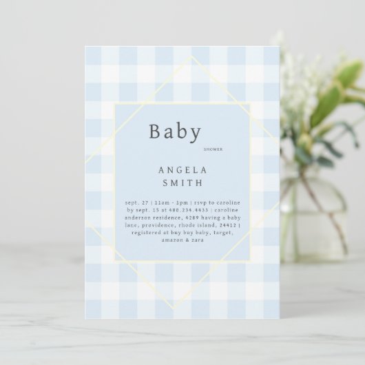 Blue Gingham Simple Baby Dusche Einladung (Stehend Vorderseite)