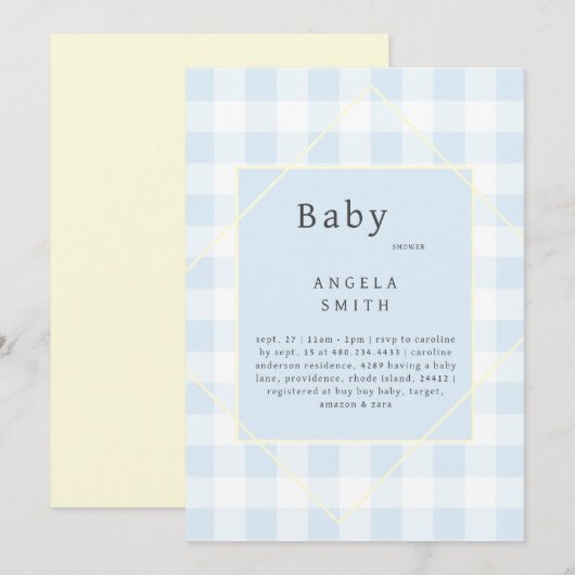 Blue Gingham Simple Baby Dusche Einladung (Vorne/Hinten)