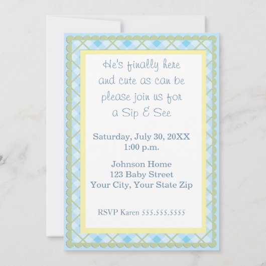 Blue Gingham Sip and See Bunting Baby Invasion Einladung (Rückseite)