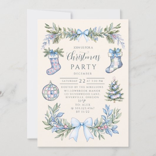Blue Gingham Stocking Christmas Einladung (Vorderseite)