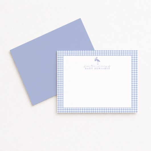 Blue Gingham Stork Nursery Note Card Einladung