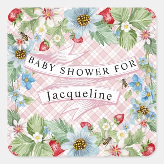 Blue Gingham Strawberry Berry Baby to Bee Shower Quadratischer Aufkleber (Vorderseite)