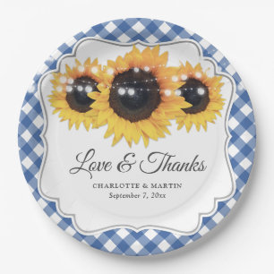 Blue Gingham Sunflower Liebe und Danke Wedding Pappteller