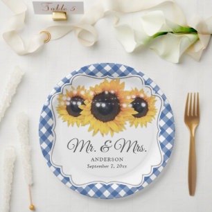 Blue Gingham Sunflower Mr. and Mrs. Wedding Pappteller
