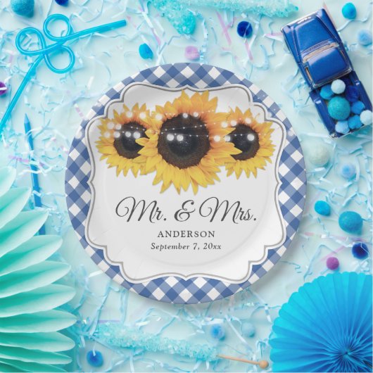 Blue Gingham Sunflower Mr. and Mrs. Wedding Pappteller (Party)