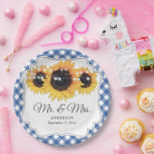 Blue Gingham Sunflower Mr. and Mrs. Wedding Pappteller (Party)