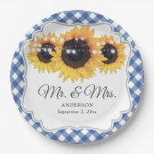 Blue Gingham Sunflower Mr. and Mrs. Wedding Pappteller (Vorderseite)