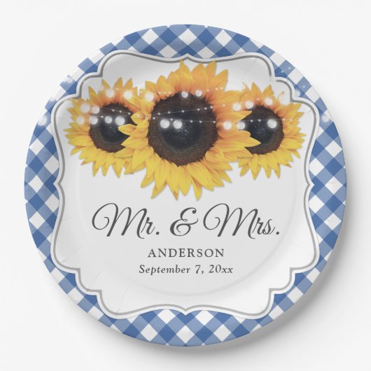 Blue Gingham Sunflower Mr. and Mrs. Wedding Pappteller (Vorderseite)
