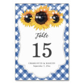 Blue Gingham Sunflower Wedding Tischnummer Card (Rückseite)
