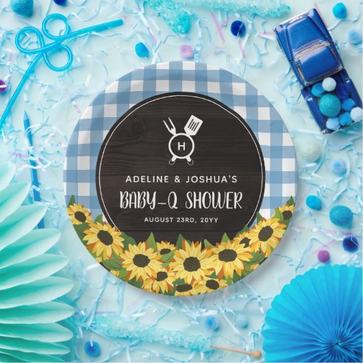 Blue Gingham & Sunflowers Rustic Baby-Q Dusche Pappteller (Party)