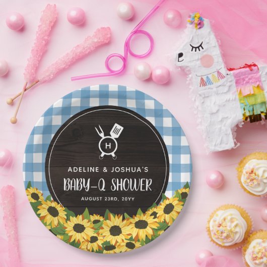 Blue Gingham & Sunflowers Rustic Baby-Q Dusche Pappteller (Party)