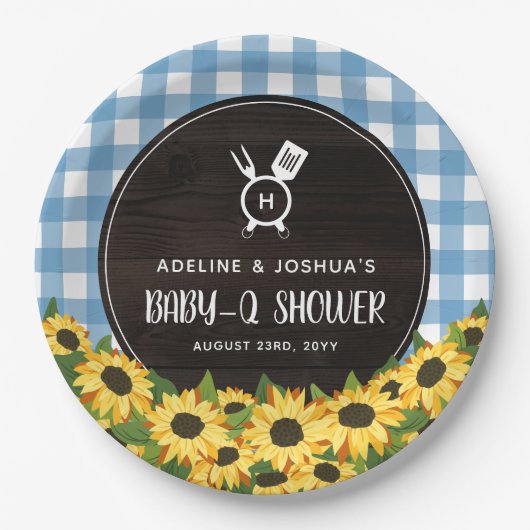 Blue Gingham & Sunflowers Rustic Baby-Q Dusche Pappteller (Vorderseite)
