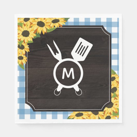 Blue Gingham & Sunflowers Rustische Mit Monogramm Serviette (Vorderseite)