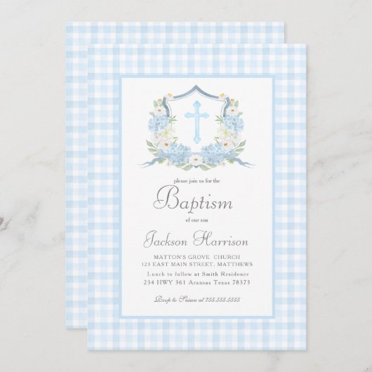 Blue Gingham Taufe Einladung, Boy Taufe Einladung (Vorne/Hinten)