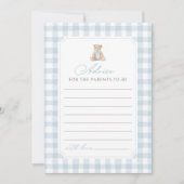 Blue Gingham Teddy Bear Baby Shower Advice Card Einladung (Vorderseite)