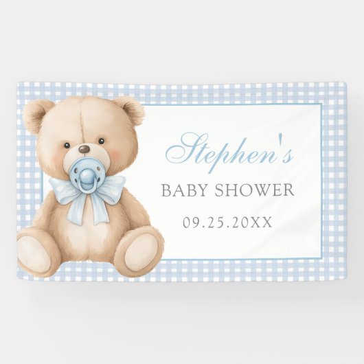 Blue Gingham Teddy Bear Baby Shower Banner (Horizontal)
