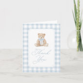 Blue Gingham Teddy Bear Baby Shower Dankeskarte (Vorderseite)