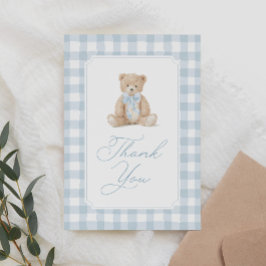 Blue Gingham Teddy Bear Baby Shower Dankeskarte