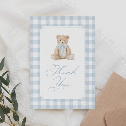 Blue Gingham Teddy Bear Baby Shower Dankeskarte