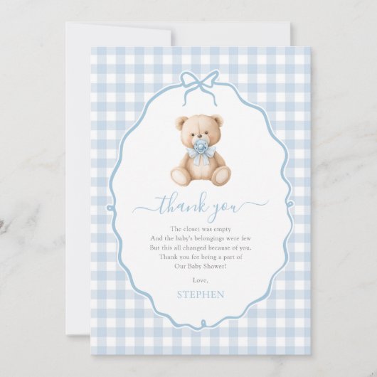 Blue Gingham Teddy Bear Baby Shower Dankeskarte (Vorderseite)