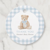 Blue Gingham Teddy Bear Baby Shower Geschenkanhänger (Vorderseite)