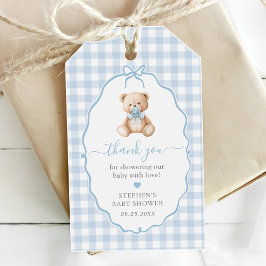 Blue Gingham Teddy Bear Baby Shower Geschenkanhänger