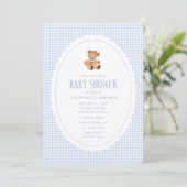 Blue Gingham Teddy Bear Baby Shower Invitation Ankündigung (Stehend Vorderseite)