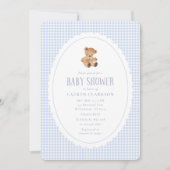 Blue Gingham Teddy Bear Baby Shower Invitation Ankündigung (Vorderseite)