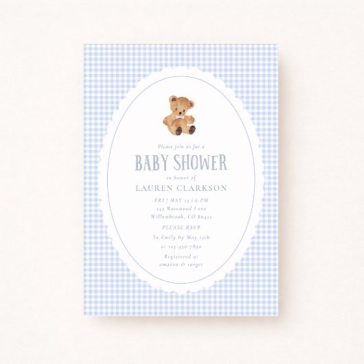 Blue Gingham Teddy Bear Baby Shower Invitation Ankündigung