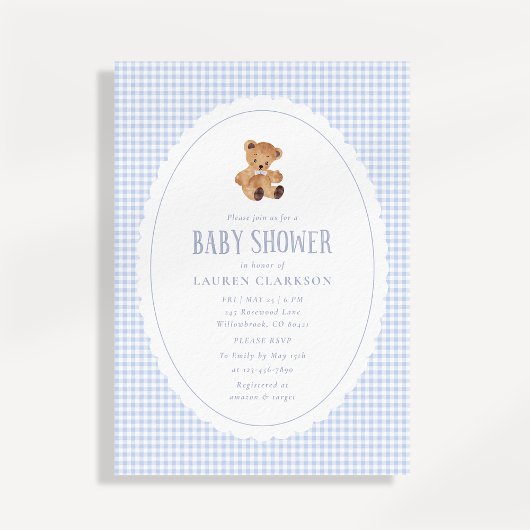 Blue Gingham Teddy Bear Baby Shower Invitation Ankündigung