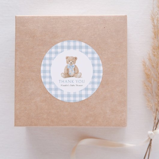 Blue Gingham Teddy Bear Baby Shower Runder Aufkleber