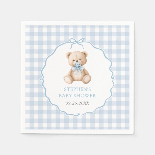 Blue Gingham Teddy Bear Baby Shower Serviette (Vorderseite)