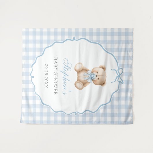 Blue Gingham Teddy Bear Baby Shower Wandteppich (Vorderseite (Horizontal))