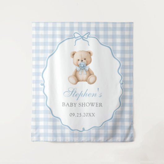 Blue Gingham Teddy Bear Baby Shower Wandteppich (Vorderseite)