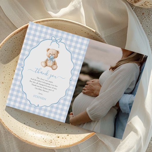 Blue Gingham Teddy Bear Baby ShowFoto Dankeskarte