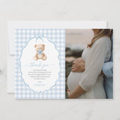 Blue Gingham Teddy Bear Baby ShowFoto Dankeskarte (Vorderseite)