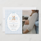 Blue Gingham Teddy Bear Baby ShowFoto Einladung (Vorderseite)