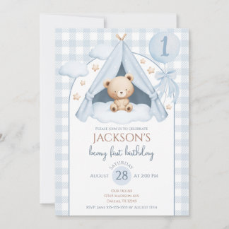 Blue Gingham Teddy Bear Balloon Boy 1st Birthday Einladung