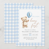 Blue Gingham Teddy Bear Balloon Boy 1st Birthday Einladung (Vorne/Hinten)
