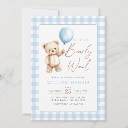 Blue Gingham Teddy Bear Balloon Boy Baby Shower Einladung (Vorderseite)