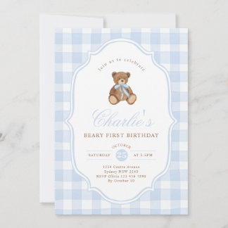 Blue Gingham Teddy Bear Beary First Birthday Einladung